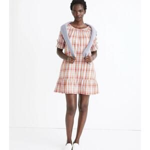 Madewell Plaid Ruffle Sleeve Mini Dress Womens Medium Summer Beach Picnic NEW